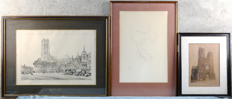 Drie grafische werken:- “Kathedraal te Reims” - Een ets van Paul Mansard. 22 x 16 cm- “Mechelen” - Een lithografie naar Samuel Prout. 27 x 42 cm- “Moeder en kind”. Een lithografie, genummerd 15/30. 41 x 28 cm