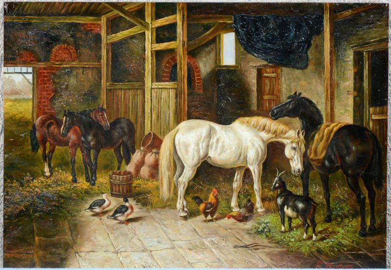 “Paarden, geit en pluimvee in de stal”. Olieverf op doek in de geest van de XIXe eeuw.