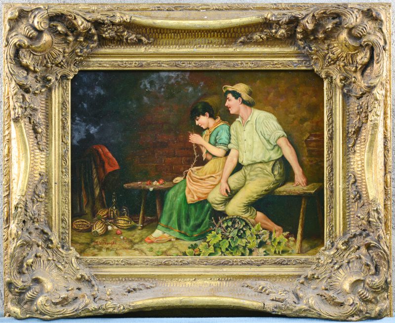 “Boerenkoppel op een bank”. Olieverf op paneel. Recent atelierwerk in de geest van de XIXe eeuw.