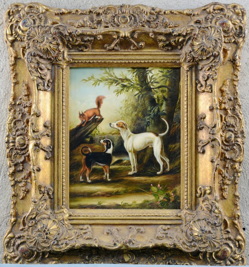 “Jachthonden en een vos”. Olieverf op paneel. Recent atelierwerk in klassieke stijl.