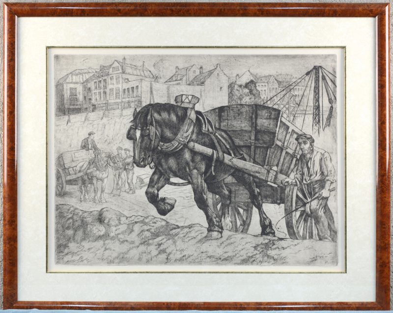 “Arbeiders met trekpaarden op een werf”. Een ets. Niet gesigneerd.