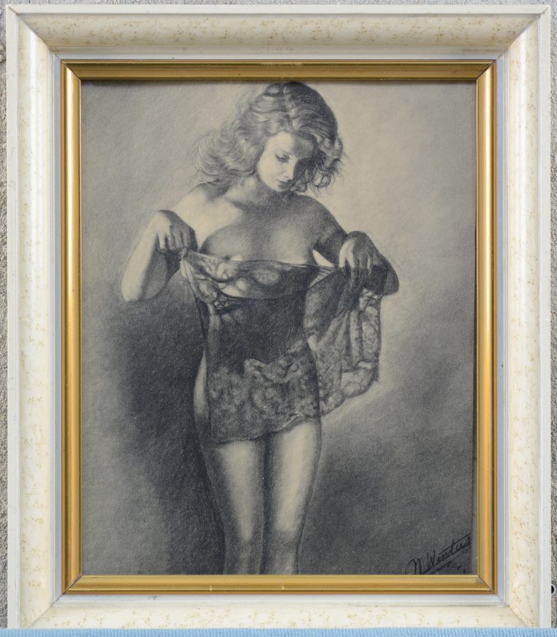 “Jonge vrouw in lingerie”. Houtskool op papier. Gesigneerd.