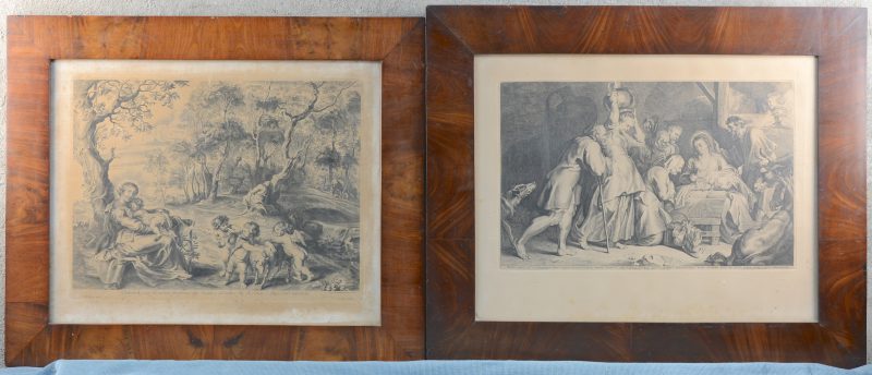 “De aanbidding van Jezus” & “Maria, Jezus en engelen”. Twee oude gravures naar werken van Rubens. De eerste door Lucas Vorsterman, de tweede door Cornelius Galle.