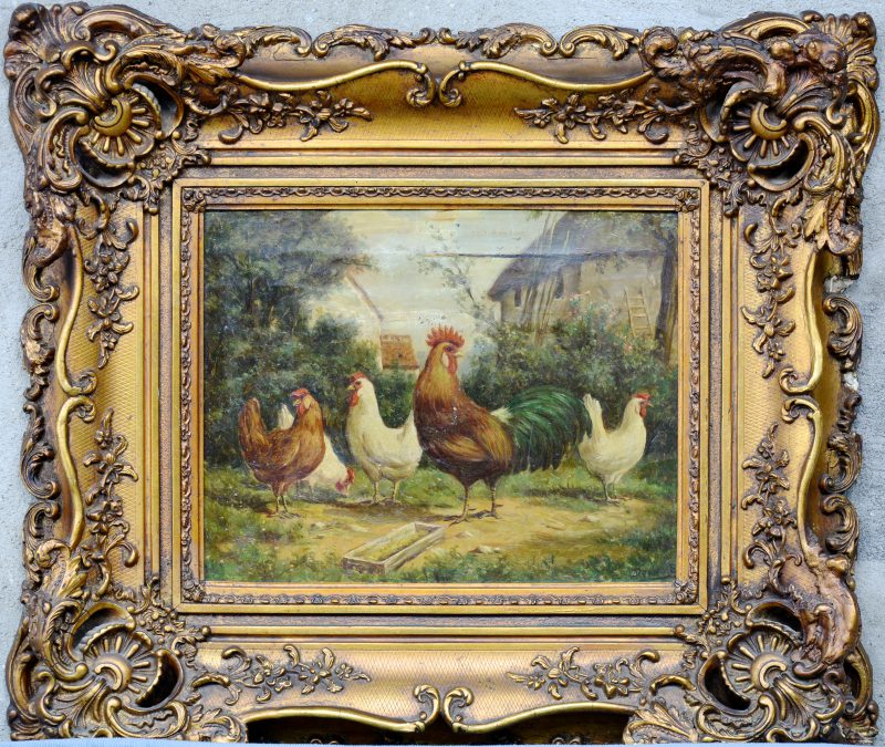 “Kippen en een haan”. Olieverf op doek. Gerestaureerd en herdoekt. XIXe eeuw. In kader uit de tijd.