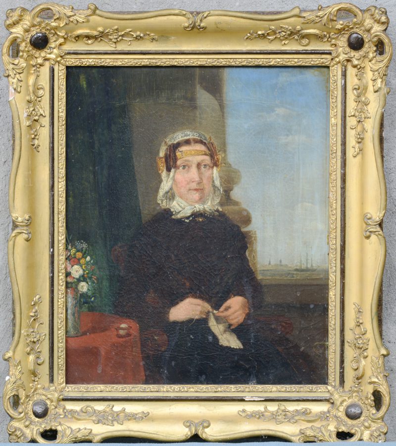 “Portret van een hollandse vrouw. Olieverf op paneel, Een 19de eeuws werk. lichte schade aan het voorhoofd.