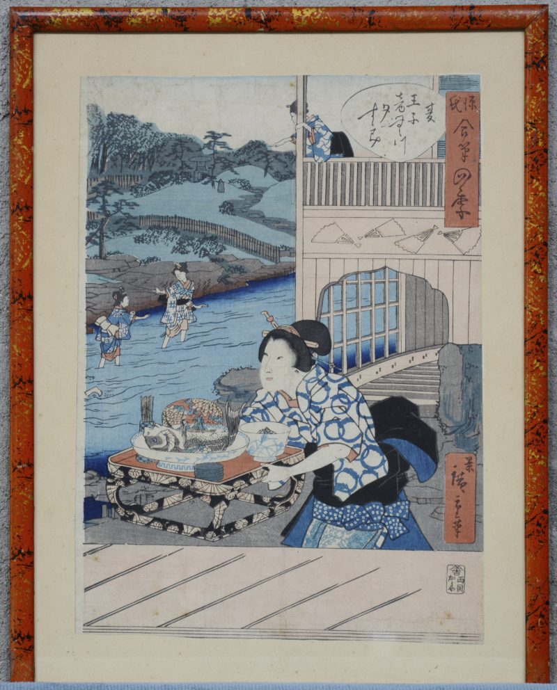 “Roman van Genji”. Een ingekleurde Japanse houtsnede. 1861.