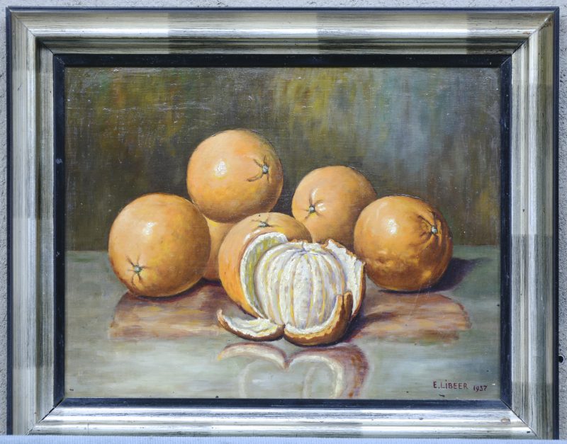 “Stilleven met sinaasappelen”. Olieverf op paneel. Gesigneerd en gedateerd 1937.