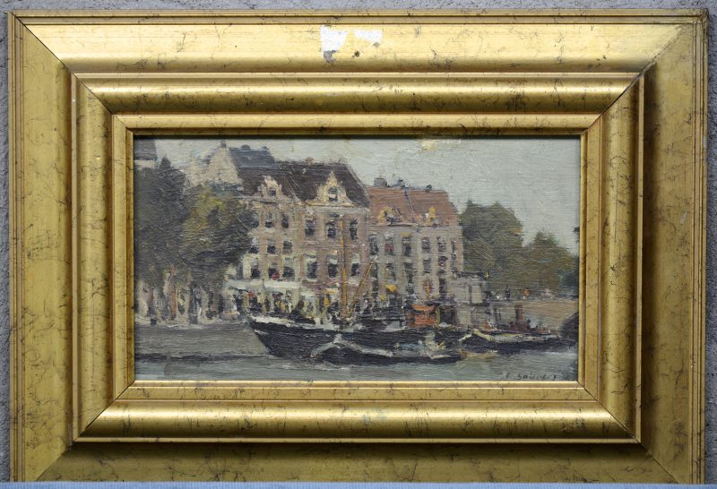 “Binnenhaven”. Olieverf op doek. Gesigneerd en waarschijnlijk uit de XIXde eeuw.