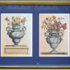 Drie kaders met reproducties van oude gravures met bloemenvazen.