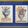 Drie kaders met reproducties van oude gravures met bloemenvazen.