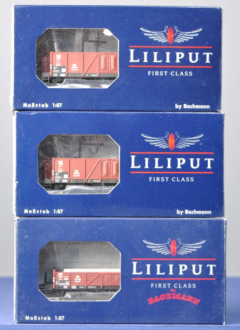 Drie open goederenwagons van de Duitse spoorwegen voor spoortype HO. In originele dozen. Zonder wielen.