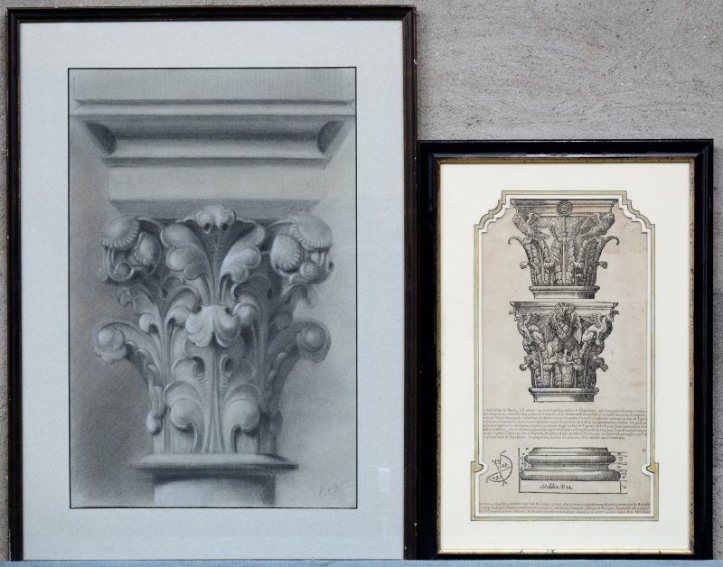 Twee architecturale werken, bestaande uit een potloodtekening van een kapiteel en een XVIIe eeuwse gravure. Deeerste gesigneerd en gedateerd 1927.