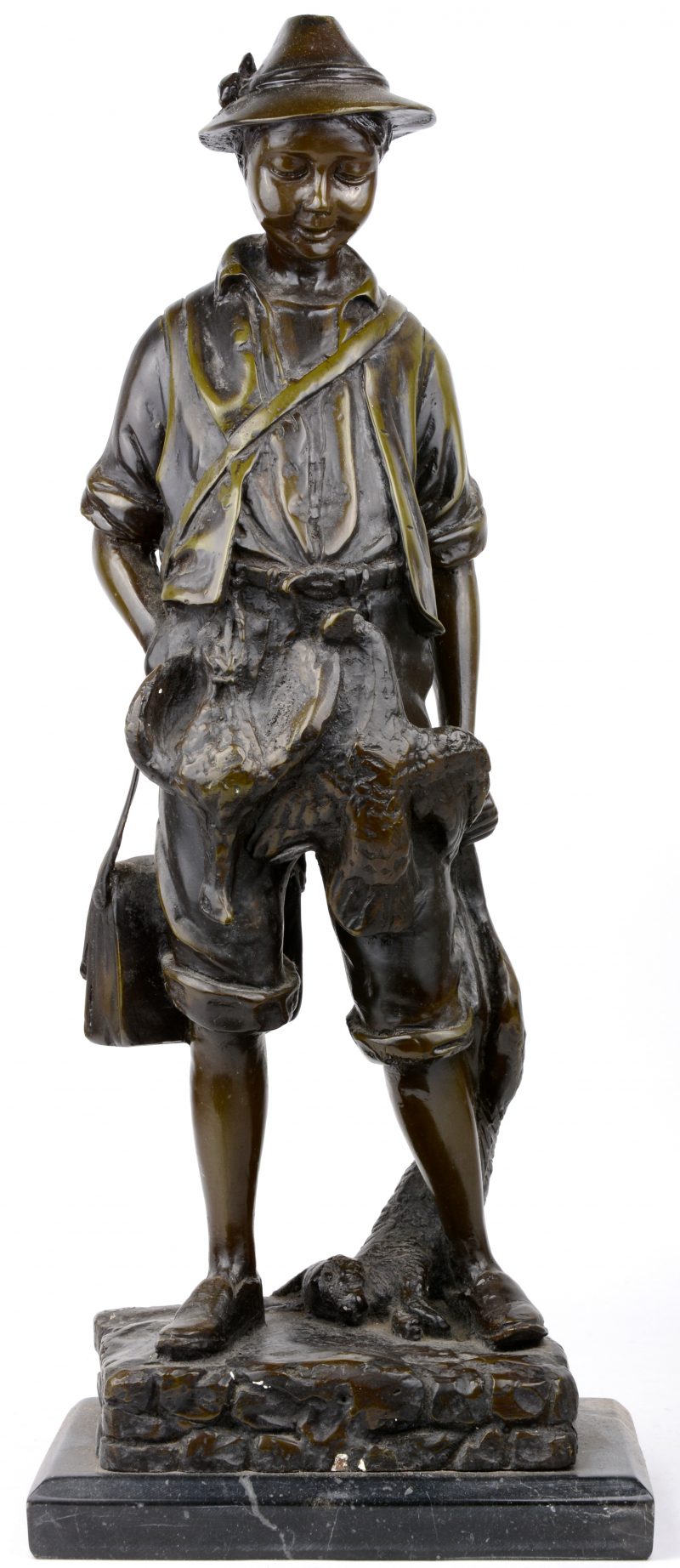 “De jager”. Een bronzen beeld op arduinen voetstuk naar een werk van Moreau.