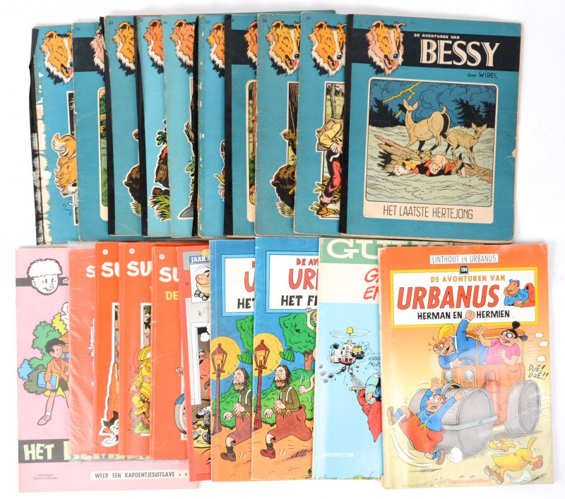 Een lot van twintig strips waaronder twee originele uitgaves van ‘het fritkotmysterie’ van Urbanus. Verder enkele vroege uitgaves van Bessy en enkele Suske en Wiskes . Allen in gelezen staat.