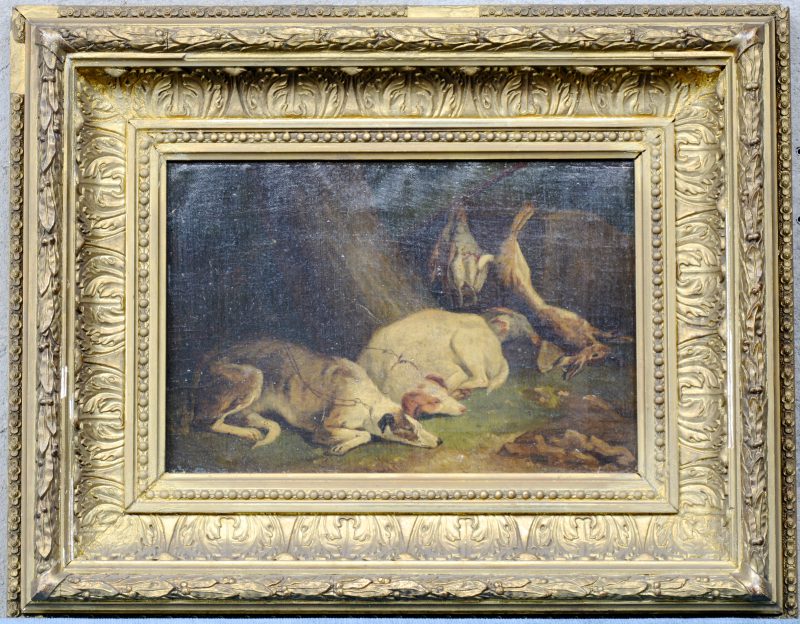 “Slapende jachthonden bij de vangst”. Olieverf op doek. Zonder signatuur. XIXe eeuw.
