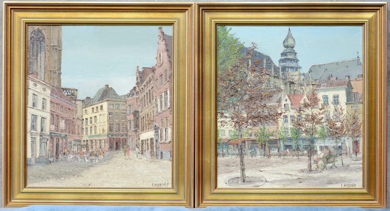 “Groenplaats 1980” & “Lijnwaadmarkt 1980”. Twee schilderijen, olieverf op doek. Beide gesigneerd.