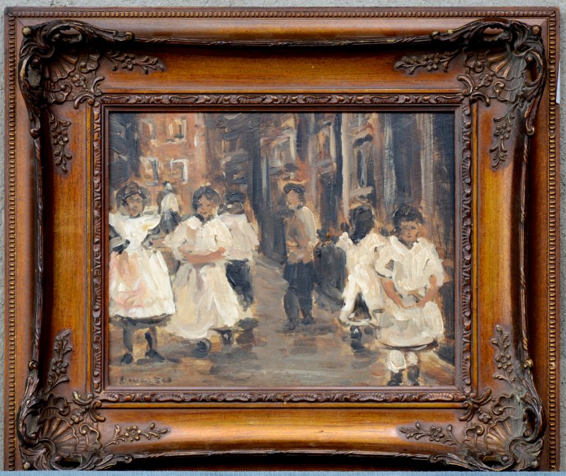 “Meisjes in een Amsterdamse straat”. Olieverf op paneel. Gesigneerd.