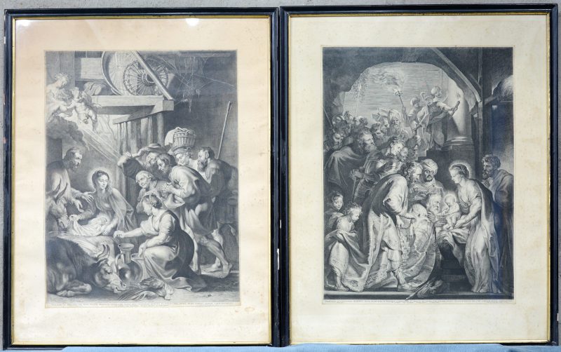 “De aanbidding der wijzen” & “Aanbidding door de herders”. Twee gravures naar ontwerpen van Rubens door Lucas Vorsterman. 1620.