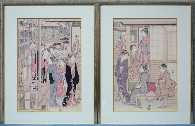 “Concubines”. Een paar Japanse houtsnedes. Gesigneerd in de plaat.