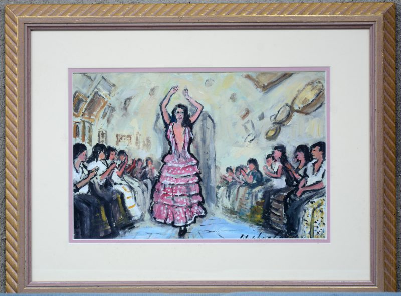 “Flamencodanseres met publiek”. Gouache op papier. Gesigneerd.