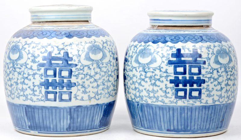 Een paar Chinese gemberpotten met een blauw en wit vegetaal decor en met lang-levenstekens.
