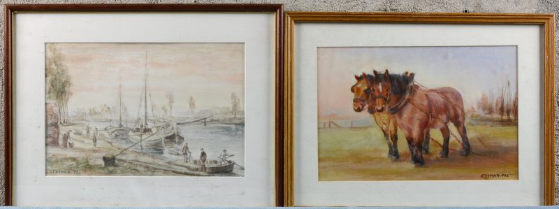 “Trekpaarden” & “Bedrijvigheid aan de kade”. Resp. Olieverf en aquarel op papier. Allebei gesigneerd.