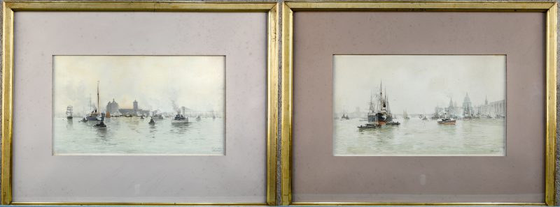 Twee lithografieën met havenzichten naar werken van Henri Cassiers.