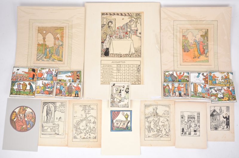 Tien diverse losse prenten, een kalenderblad voor augustus 1928, 12 Liebigchromo’s “Tijl Uilenspiegel” door Felix Timmermans, alle met de hand gesigneerd door de kunstenaar.