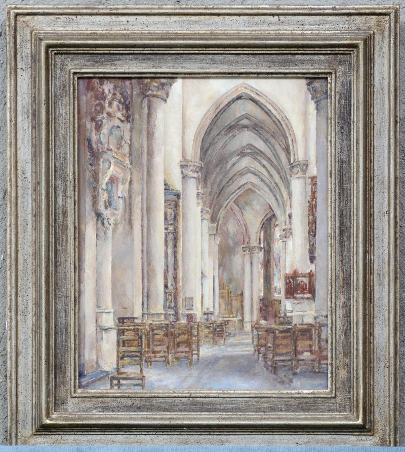 “Interieur van de St. Gummaruskerk te Lier”. Olieverf op doek. Gesigneerd.