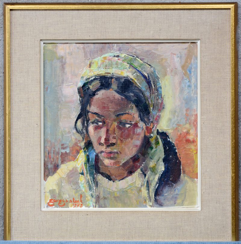 “Meisjesportret”. Olieverf op schildersboard. Gesigneerd en gedateerd 1979.