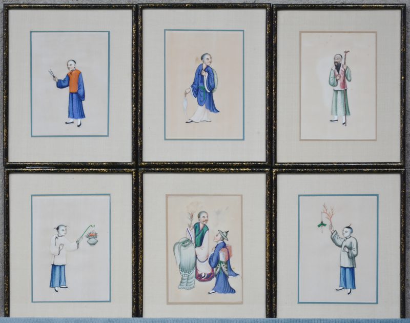 Een reeks van zes Chinese gouachetekeningen op rijstpapier met personages.