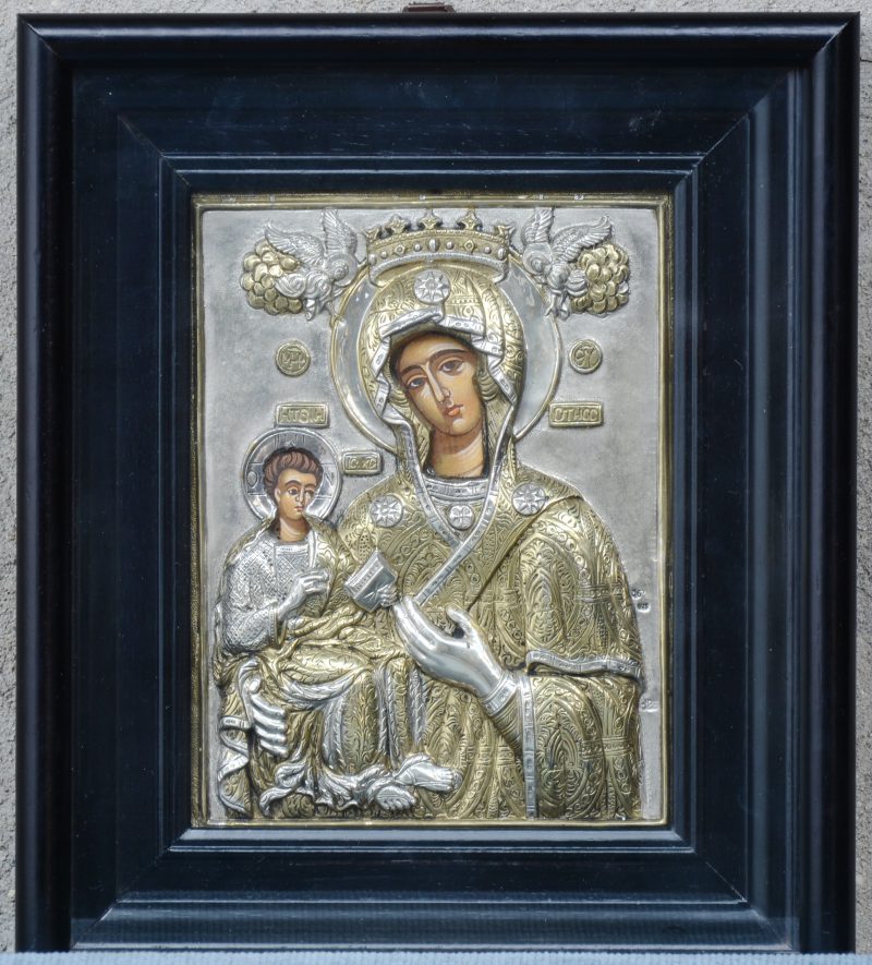 Een kopie naar een XIVe eeuws Byzantijns icoon met een 925‰ zilveren riza.