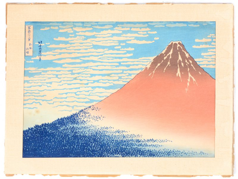 Een Japanse houtsnede uit de reeks “Zesendertig gezichten op Mt. Fuji naar Hokusai.