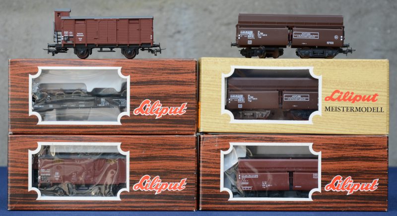 Een lot van zes goederenwagons, bestaande uit een platte en twee gesloten houten goederenwagons van de Duitse spoorwegen en een Duitse en twee Oostenrijkse zijlossers. Spoortype HO. In originele dozen.