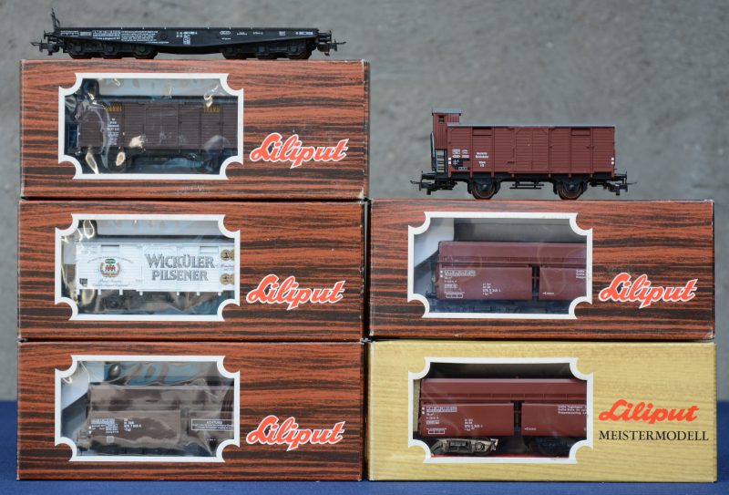 Een lot van zeven goederenwagons, bestaande uit een Duitse platte wagon, drie gesloten houten wagons, waarbij een Oostenrijkse, een Deense en een Duitse van Wicküler Pilsener en drie zijlossers, waarbij twee Duitse en een Oostenrijkse.