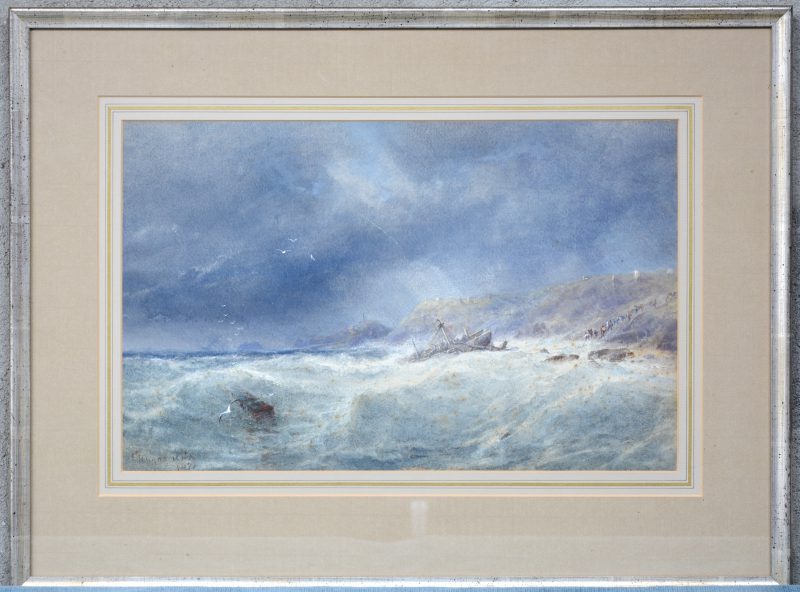 “Stormachtig kustzicht”. Aquarel op papier. Gesigneerd en gedateerd 1871.