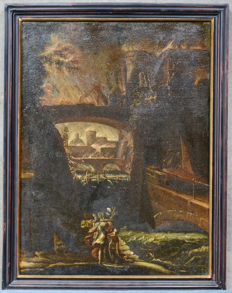 “De brand van Troye”. Olieverf op doek. Italiaanse school van de XVIIIde eeuw. Herdoekt.