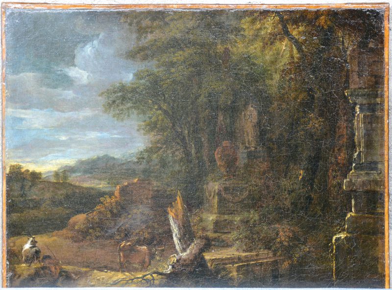 “Geanimeerd landschap”. Olieverf op doek. XVIIde eeuw. Herdoekt.