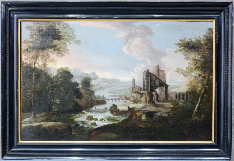 “Panoramisch landschap”. Olieverf op doek. Gemonogrammeerd DVH. Vlaamse School, XVIIde eeuw. Herdoekt.