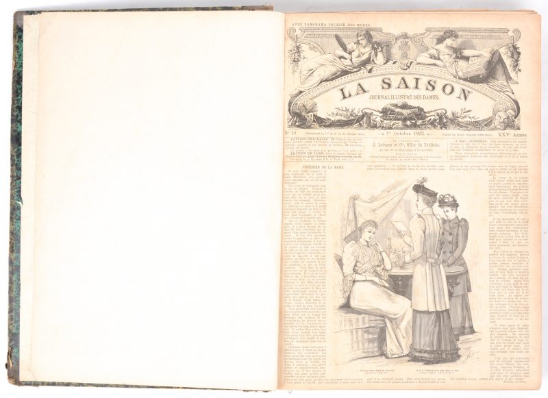 “La Saison, Journa illustré des dames”. Ingebonden jaargangen 1892-95. Band sletig.