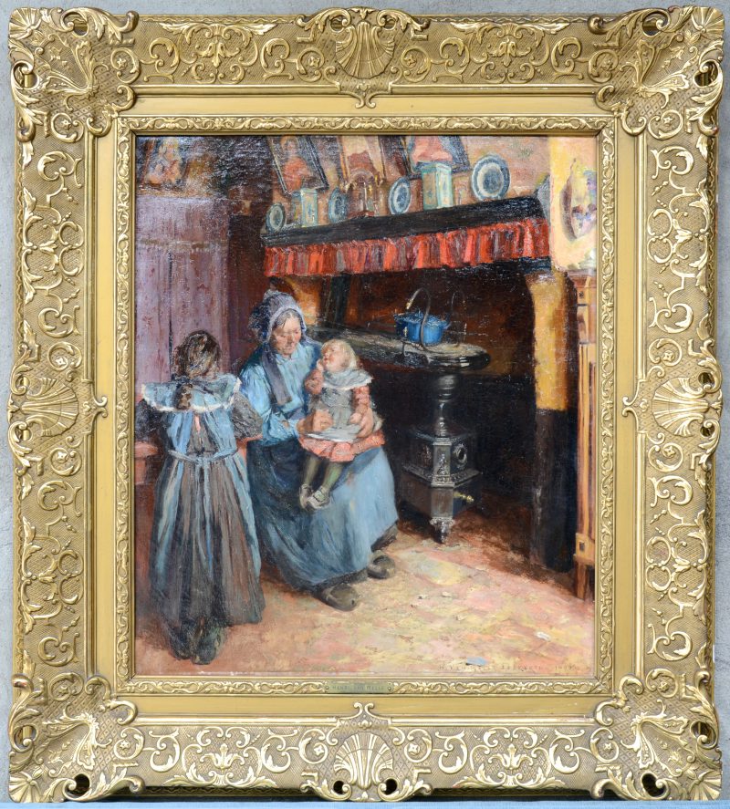 “Moeder met kinderen in rustiek interieur”. Olieverf op doek. Gesigneerd en gedateerd Ekeren 1906.