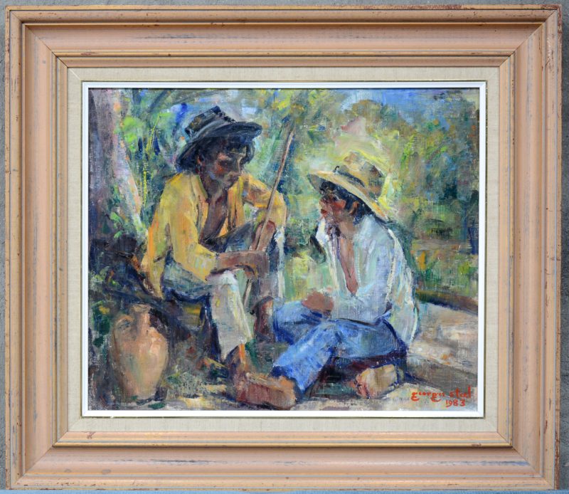 “Paar rustende jongens”. Olieverf op doek, gesigneerd Georges Steel, gedateerd 1983.