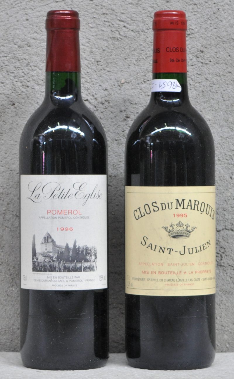 Lot rode bordeaux        aantal: 2 bt. Clos du Marquis A.C. St-Julien   M.P.  1995  aantal: 1 bt. La Petite Eglise A.C. Pomerol   M.O.  1996  aantal: 1 bt.