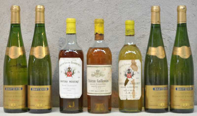 Lot witte wijn        aantal: 7 bt. Muscat d’Alsace  A.C. Alsace  Bestheim Bollenberg M.O.  2003  aantal: 4 bt. Ch. Nouchet A.C. Graves Supérieures     1974  aantal: 1 bt. Ch. Nouchet A.C. Graves Supérieures     1976  aantal: 1 bt. Ch. Guillemins A.C. Graves Supérieures     1964  aantal: 1 bt.