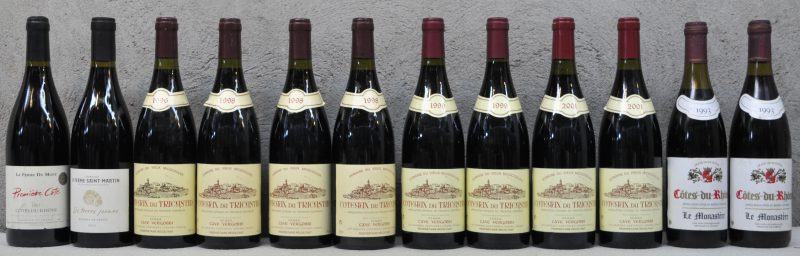 Lot rode wijn        aantal: 12 bt. La Ferme du Mont Première Côte A.C. Côtes du Rhône  Stéphane Vedeau M.O.  2007  aantal: 1 bt. Les Terres Jaunes A.C. Beaumes-de-Venise  Dom. La Ferme Saint-Martin, Beaumes-de-Venise M.O.  2012  aantal: 1 bt. Le Monastère A.C. Côtes du Rhône     1993  aantal: 2 bt. Dom. du Vieux Micocoulier A.C. Coteaux du Tricastin  Cave Vergobbi, Les Granges Gontardes M.O.  1996  aantal: 1 bt. Dom. du Vieux Micocoulier A.C. Coteaux du Tricastin  Cave Vergobbi, Les Granges Gontardes M.O.  1998  aantal: 3 bt. Dom. du Vieux Micocoulier A.C. Coteaux du Tricastin  Cave Vergobbi, Les Granges Gontardes M.O.  1999  aantal: 2 bt. Dom. du Vieux Micocoulier A.C. Coteaux du Tricastin  Cave Vergobbi, Les Granges Gontardes M.O.  2001  aantal: 2 bt.