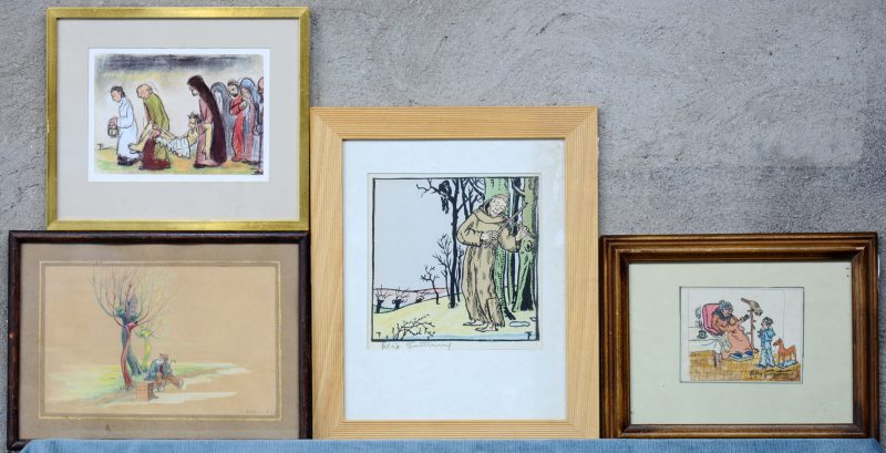 Vier diverse prenten. Evenals een tekening van Fred Bogaerts (16 x 24 cm).