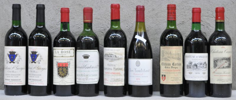 Lot rode bordeaux        aantal: 9 bt Ch. St-Georges (Côte Pavie) A.C. St-Emilion grand cru classé   M.C.  1967  aantal: 2 bt La Rose Pauillac A.C. Pauillac   M.O.  1973  aantal: 1 bt Réserve de la Comtesse de L*** A.C. Pauillac  S.C. Ch. Pichon Longueville Comtesse de Lalande M.C.  1973  aantal: 1 bt msCh. Troplong-Mondot A.C. St-Emilion grand cru classé   M.C.  1973  aantal: 1 bt tsClos Toulifaut A.C. Pomerol     1975  aantal: 1 bt In bourgogneflesCh. Carteau Côtes Daugay A.C. St-Emilion grand cru   M.C.  1977  aantal: 1 bt Ch. d’Angludet A.C. Margaux Cru bourgeois supérieur  M.C.  1979  aantal: 1 bt Ch. Canon A.C. Canon-Fronsac   M.C.  1981  aantal: 1 bt