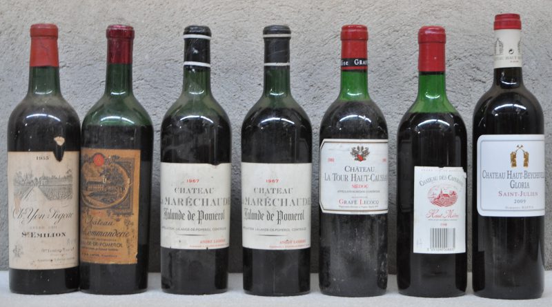 Lot rode bordeaux        aantal: 7 bt Ch. Yon-Figeac A.C. St-Emilion grand cru classé     1953  aantal: 1 bt msCh. de la Commanderie A.C. Lalande-de-Pomerol     1960  aantal: 1 bt lsCh. La Maréchaude A.C. Lalande-de-Pomerol     1967  aantal: 2 bt msCh. La Tour Haut-Caussan A.C. Médoc  Grafé-Lecocq, Namur   1981  aantal: 1 bt tsCh. des Caperans A.C. Haut-Médoc     1985  aantal: 1 bt msCh. Haut-Beychevelle Gloria A.C. St-Julien   M.C.  2009  aantal: 1 bt