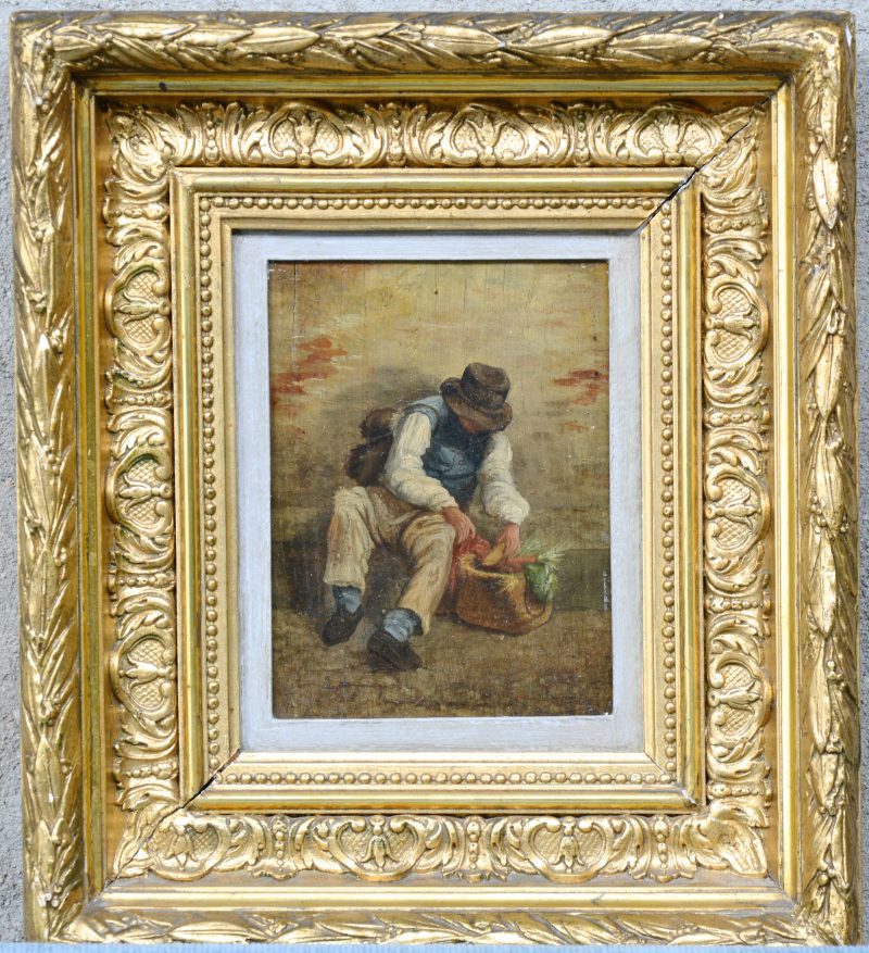 “Man met groentenmand”. Olieverf op paneel. Franse school, XIXe eeuw.