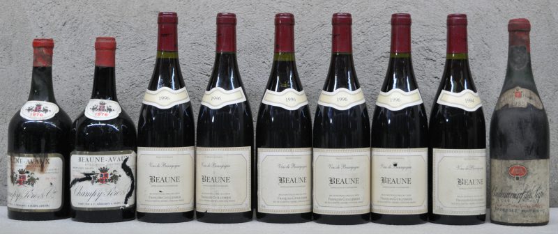 Lot rode wijn        aantal: 9 bt Châteauneuf-du-Pape A.C.  Baudelet Père & Fils, Beaune   1955  aantal: 1 bt Beaune-Avaux A.C. 1e cru Champy Père & Fils, Beaune M.O.  1976  aantal: 2 bt Beaune A.C.  François Guillemier, Chevrey M.O.  1996  aantal: 6 bt